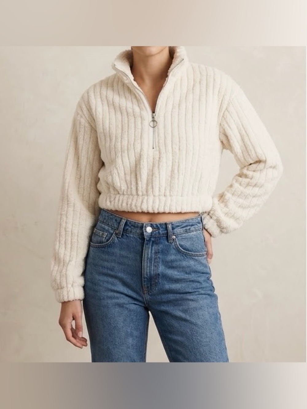 Cropped Faux-Sherpa Half-Zip Jacket - Cream